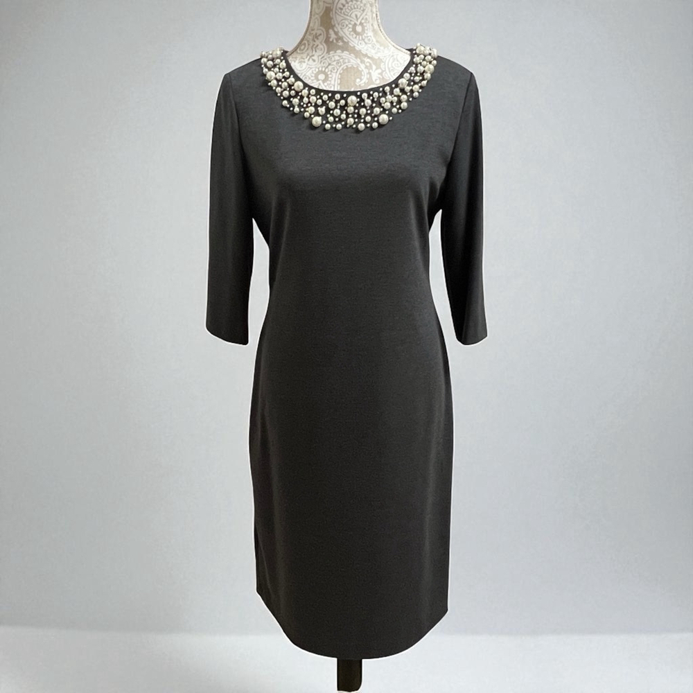 Jones New York Signature Charcoal Gray Sheath Dress Pearl Embellished Neckline S